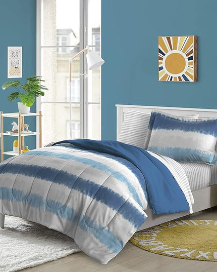 Dream Factory Kids 5-Piece Complete Bed Set Easy-Wash Super Soft Microfiber Comforter Bedding, Twin, Blue Tie Dye Stripe,2D872901BL - LeafyLoom