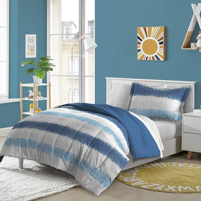 Dream Factory Kids 5-Piece Complete Bed Set Easy-Wash Super Soft Microfiber Comforter Bedding, Twin, Blue Tie Dye Stripe,2D872901BL - LeafyLoom