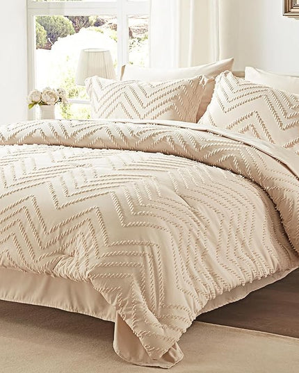 Anluoer Queen Comforter Set, Beige Tufted Bed in a Bag 7 Pieces with comforters and sheets, All Season Bedding Sets with 1 Comforter, 2 PillowShams, 2 Pillowcases, 1 Flat Sheet, 1 Fitted Sheet - LeafyLoom