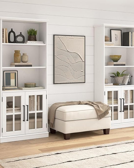 Bush Furniture Westbrook Tall 5 Shelf Bookcase with Glass Doors in White Ash | Farmhouse Bookshelf Cabinet for Living Room and Home Office - LeafyLoom