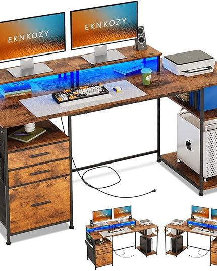 Computer Desk with 3 File Cabinet Drawers, 57.8'' Reversible Gaming Desk with LED Lights and Power Outlets, Office Desk with Storage Shelves for Home & Office (Rustic Brown) - LeafyLoom