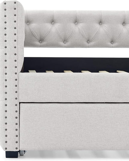 Full Size Upholstered Daybed with Twin Trundle, Bedroom Wooden Sofa Bed Frame w/Button Tufted and Copper Nail on Square Arms, No Spring Box Need, for Dorm,Beige (85"x57"x31.5") - LeafyLoom