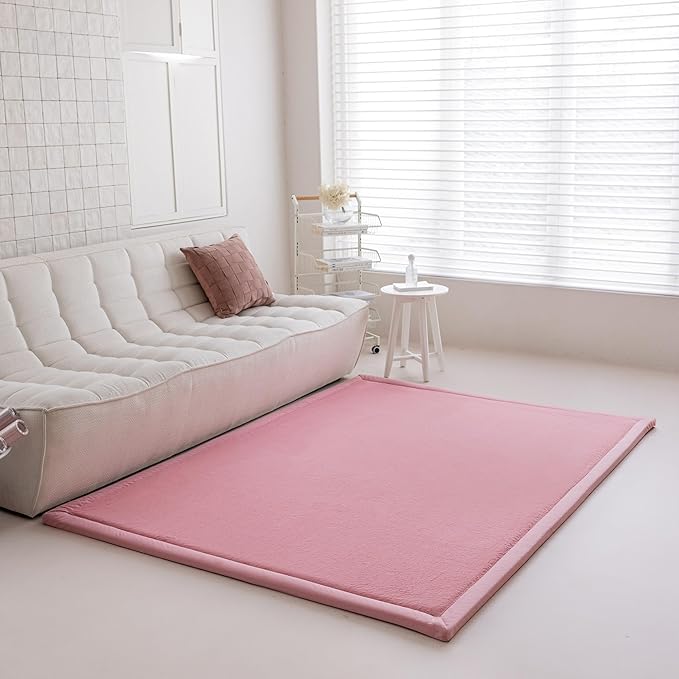 Faux Rabbit Fur Rug - 1.18" Thick Soft Fluffy Area Rug, Non-Slip Memory Foam Crawling Mat, Light Pink, 59"x59" - LeafyLoom