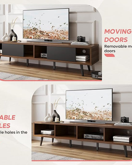 Bestier 70 inch Mid Century Modern TV Stand for 75 inch TV, Low Profile TV Stand with Storage, Entertainment Center for Living Room, Cord Management, Walnut - LeafyLoom