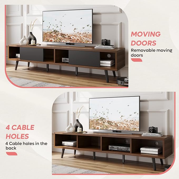 Bestier 70 inch Mid Century Modern TV Stand for 75 inch TV, Low Profile TV Stand with Storage, Entertainment Center for Living Room, Cord Management, Walnut - LeafyLoom