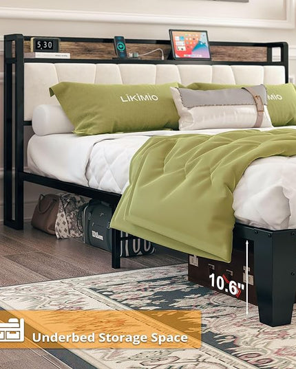 LIKIMIO Full Size Bed Frame, Storage Headboard with Charging Station, Solid and Stable, Noise Free, No Box Spring Needed, Easy Assembly (Walnut and Beige) - LeafyLoom