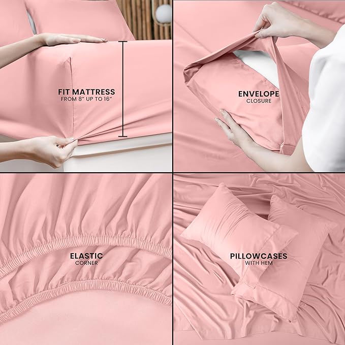 Utopia Bedding Queen Bed Sheets Set - 4 Piece Bedding - Brushed Microfiber - Shrinkage and Fade Resistant - Easy Care (Queen, Pink) - LeafyLoom