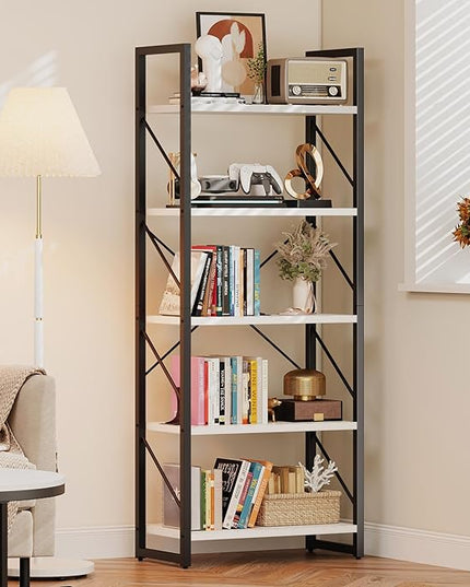 DWVO 5 Tier Bookshelf, White Bookcase Storage Shelves Organizer, Modern Display Rack Standing Book Shelves for Bedroom,Living Room,Office,Kitchen, White & Black - LeafyLoom