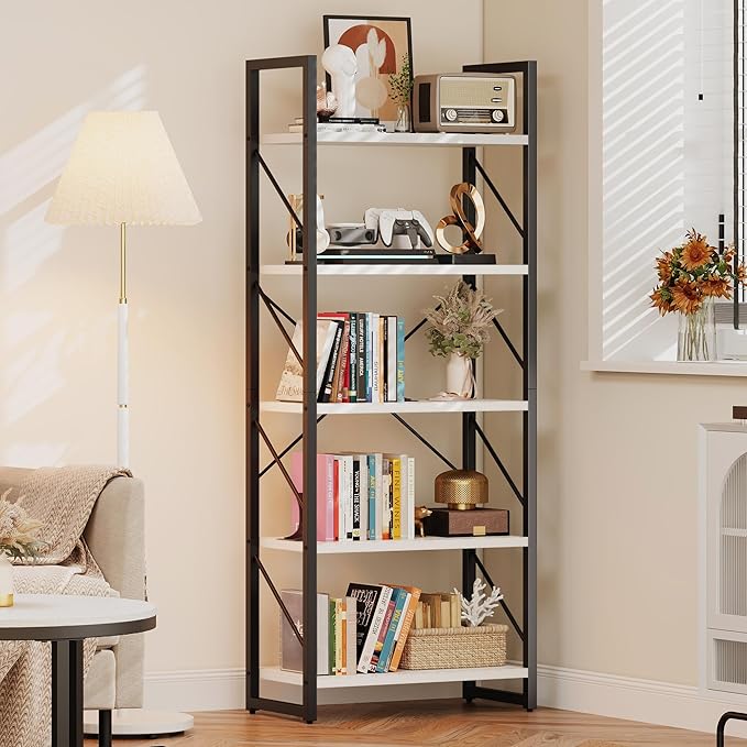 DWVO 5 Tier Bookshelf, White Bookcase Storage Shelves Organizer, Modern Display Rack Standing Book Shelves for Bedroom,Living Room,Office,Kitchen, White & Black - LeafyLoom