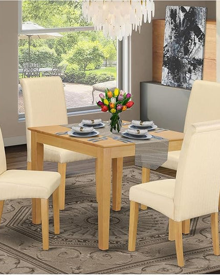 East West Furniture OXBA5-OAK-02 Oxford 5 Piece Dinette Set for 4 Includes a Square Room Table and 4 Light Beige Linen Fabric Parson Dining Chairs, 36x36 Inch - LeafyLoom