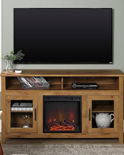 Walker Edison Glenwood Rustic Farmhouse Glass Door Highboy Fireplace TV Stand for TVs up to 65 Inches, 58 Inch, Barnwood - LeafyLoom