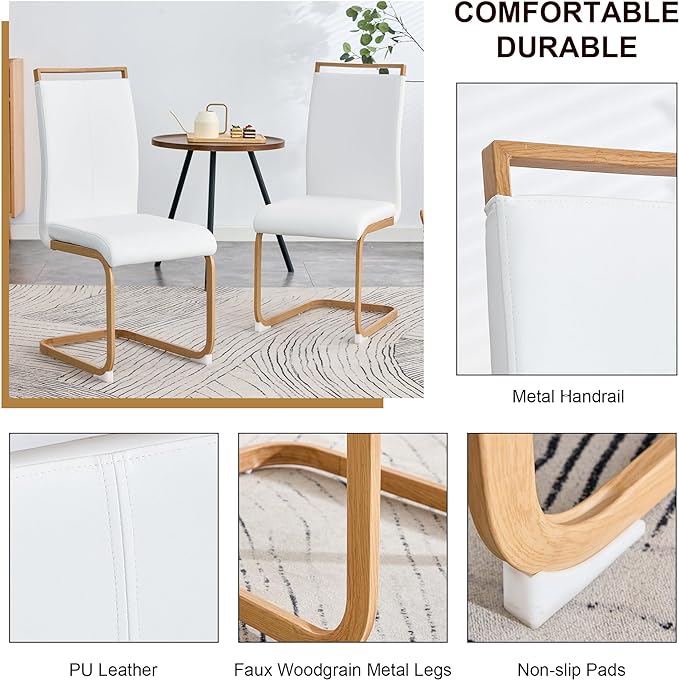 Dining Chairs Set of 4,High Back White Kitchen Chairs,Faux Leather Side Chair with Woodgrain Coloured Metal Legs,Easy to Clean Modern Upholstered Dining Chairs,Ideal for Living Room - LeafyLoom