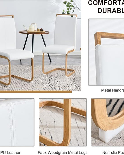 Dining Chairs Set of 6,High Back White Kitchen Chairs,Faux Leather Side Chair with Woodgrain Coloured Metal Legs,Easy to Clean Modern Upholstered Dining Chairs,Ideal for Living Room - LeafyLoom