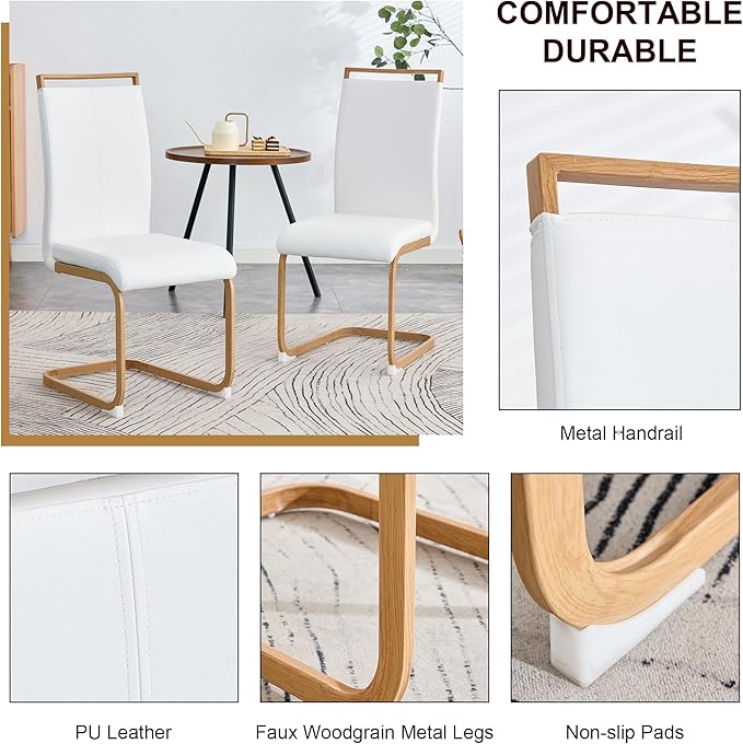 Dining Chairs Set of 6,High Back White Kitchen Chairs,Faux Leather Side Chair with Woodgrain Coloured Metal Legs,Easy to Clean Modern Upholstered Dining Chairs,Ideal for Living Room - LeafyLoom