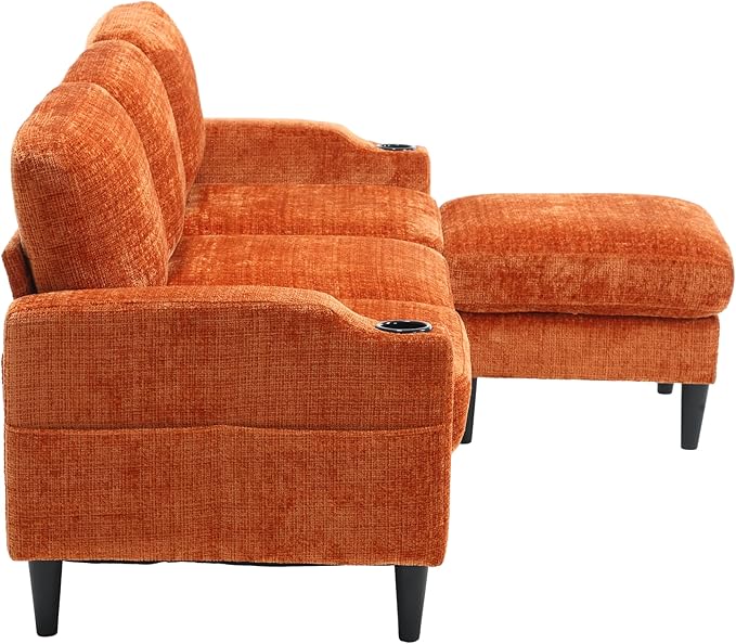 Convertible Sectional Sofa with Movable Storage Ottoman and Cupholders, 3 Seater L-Shaped Corner Couch,Chenille Upholstered Furniture w/Detachable Thicked Cushions for Living Room, Small Space - LeafyLoom