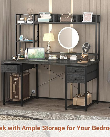 Aheaplus Desk with LED and Outlets, Gaming Desk with Hutch, 47.2'' Computer Desk with Drawers, Reversible office desk with storage bookshelf Large Workstation Desk with Shelf, Desk for Home, Black Oak - LeafyLoom