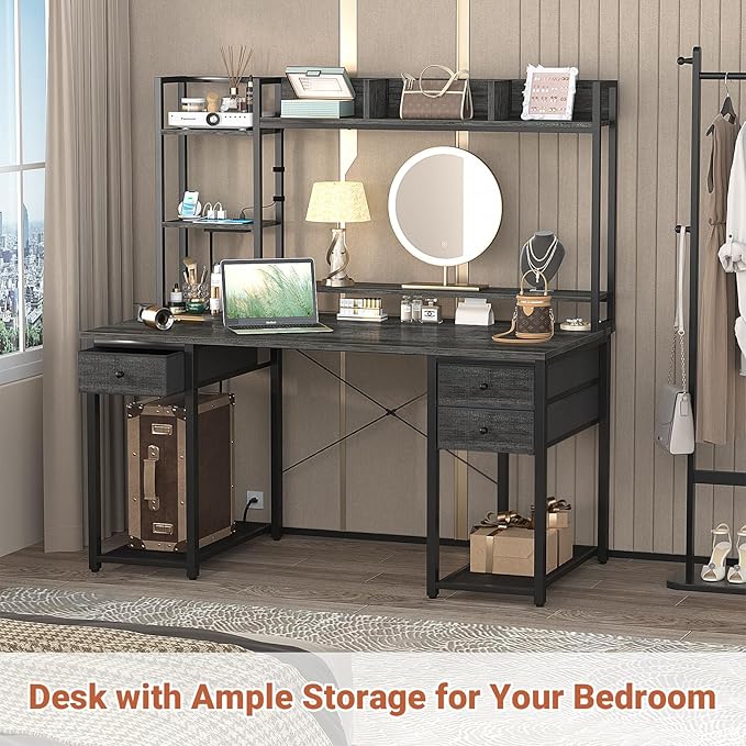 Aheaplus Desk with LED and Outlets, Gaming Desk with Hutch, 47.2'' Computer Desk with Drawers, Reversible office desk with storage bookshelf Large Workstation Desk with Shelf, Desk for Home, Black Oak - LeafyLoom