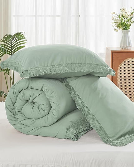 Litanika Sage Green Comforter Queen Set, Boho Tassel Comforter Aesthetic 3 Pieces, Lightweight Fringe Microfiber Bedding Set for All Season(1 Comforter 90x90 inch, 2 Pillowcases) - LeafyLoom