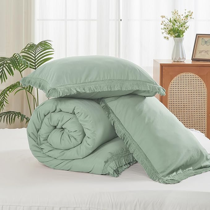 Litanika Sage Green Comforter Queen Set, Boho Tassel Comforter Aesthetic 3 Pieces, Lightweight Fringe Microfiber Bedding Set for All Season(1 Comforter 90x90 inch, 2 Pillowcases) - LeafyLoom