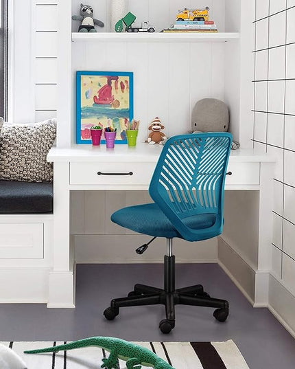 Yaheetech Students Cute Desk Chair Low-Back Armless Study Chair w/Lumbar Support Adjustable Swivel Chair in Home Bedroom School, Turquoise - LeafyLoom