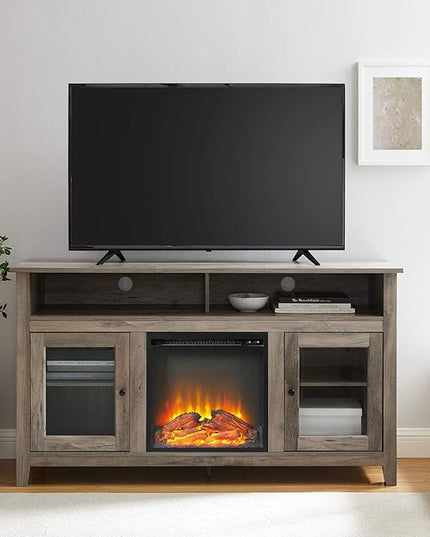 Walker Edison Glenwood Rustic Farmhouse Glass Door Highboy Fireplace TV Stand for TVs up to 65 Inches, 58 Inch, Grey Wash - LeafyLoom