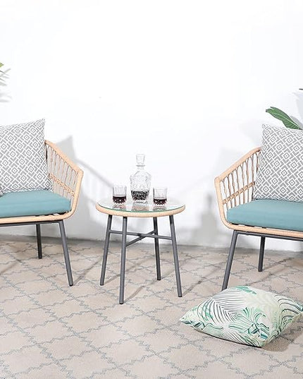 3 Piece Patio Furniture Outdoor Conversation Bistro Set with Tempered Coffee Table and Wicker Chairs for Garden Balcony Backyard Yard Poolside (Green) - LeafyLoom