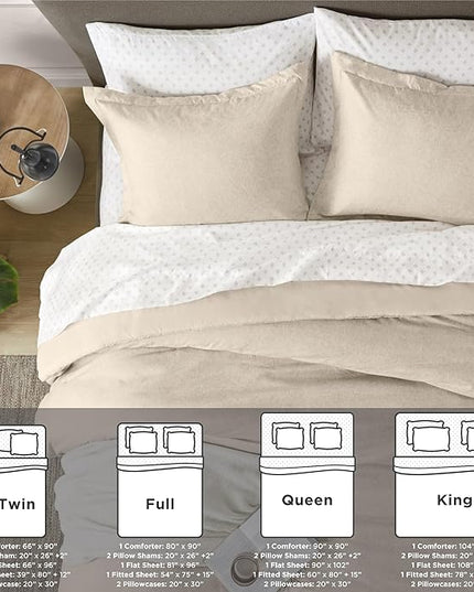 7 Pieces Beige Bedding Sets with Comforter, Modern Farmhouse Bed in a Bag King Size, Solid Lightweight Comforter Set with Sheets, Pillowcases & Shams - LeafyLoom