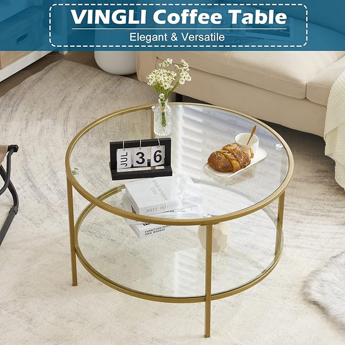 VINGLI Glass Coffee Table, 30" Round Champagne Gold Coffee Tables for Living Room,2-Tier Glass Top Coffee Table with Storage Clear Coffee Table,Simple & Modern Center Table Mesa de Centro Para Sala - LeafyLoom