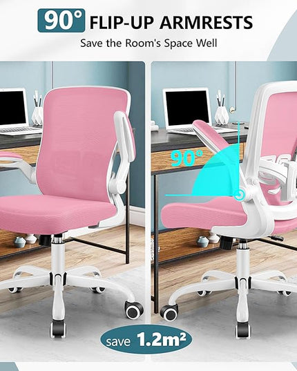 MINLOVE Office Chair Ergonomic Desk Chair with Adjustable Lumbar Support and Height, 90° Flip-up Armrests, Ergo Desk Chairs with Wheels, Home Work Use (Pink) - LeafyLoom