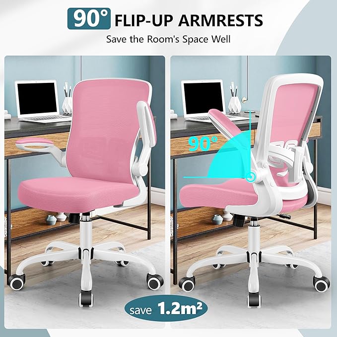 MINLOVE Office Chair Ergonomic Desk Chair with Adjustable Lumbar Support and Height, 90° Flip-up Armrests, Ergo Desk Chairs with Wheels, Home Work Use (Pink) - LeafyLoom