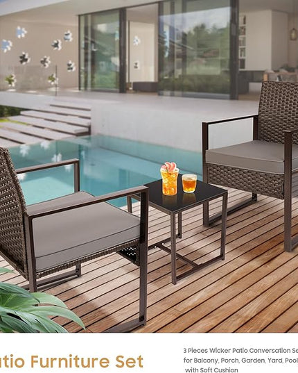 YIYAN 3 Pieces Outdoor Furniture Set Patio Rattan Wicker Chairs & teatable,Lawn Garden Balcony Backyard,with Washable Cushion (Gray) - LeafyLoom