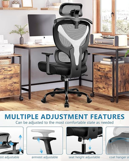 Office Chair Ergonomic Desk Chair Comfy Computer Chair, Big and Tall Home Office Chair with Back Support, Mesh Office Chair High Back Gaming Chair with Adjustable Armrest (White) - LeafyLoom