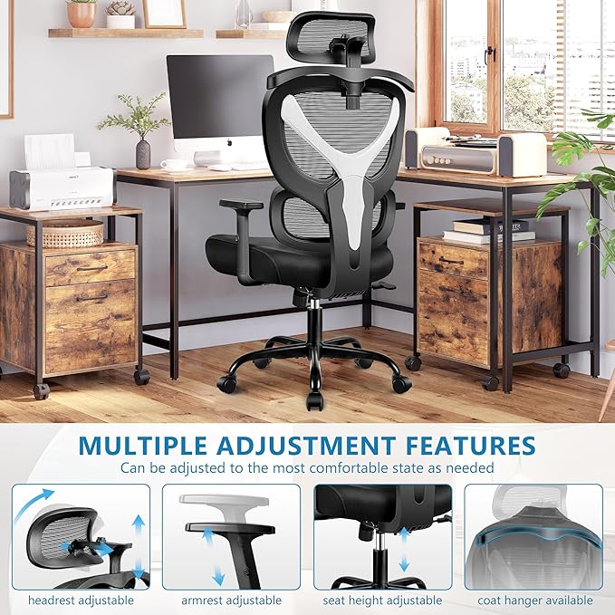 Office Chair Ergonomic Desk Chair Comfy Computer Chair, Big and Tall Home Office Chair with Back Support, Mesh Office Chair High Back Gaming Chair with Adjustable Armrest (White) - LeafyLoom