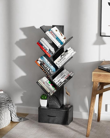 Egepon 6-tier Tree Bookshelf with Drawer Black Book Shelf Storage Rack Floor Standing Bookcase for CDs Movies Books Multifunctional Organizer Shelves for Home Office Living Room Bedroom - LeafyLoom