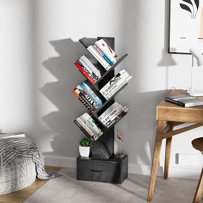 Egepon 6-tier Tree Bookshelf with Drawer Black Book Shelf Storage Rack Floor Standing Bookcase for CDs Movies Books Multifunctional Organizer Shelves for Home Office Living Room Bedroom - LeafyLoom