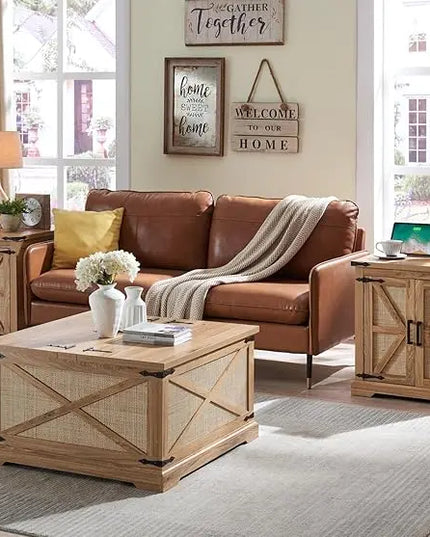 Farmhouse Square Coffee Table with Storage, Wood Center Table with Hinged Lift Top, Rustic Cocktail Table with Large Hidden Storage Compartment for Living Room, Bedroom,Natural,Rattan - LeafyLoom
