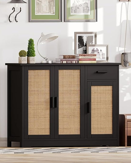 Irontar Kitchen Storage Cabinet, Sideboard Buffet Cabinet with Rattan Decorated Doors, Farmhouse Console Table with Drawer, Coffee Bar, Accent Table for Living Room, Black and Natural CWG010BM - LeafyLoom