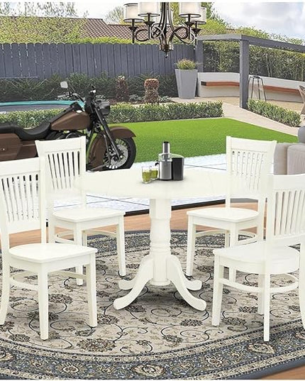 East West Furniture Dublin 5 Piece Kitchen Set includes a Round Room Table with Dropleaf and 4 Dining Chairs, 42x42 Inch, Linen White - LeafyLoom