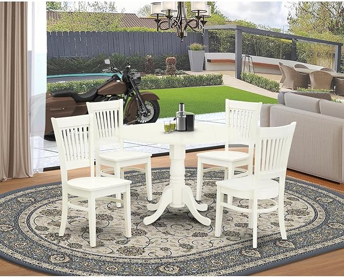 East West Furniture Dublin 5 Piece Kitchen Set includes a Round Room Table with Dropleaf and 4 Dining Chairs, 42x42 Inch, Linen White - LeafyLoom