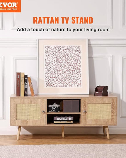 VEVOR Rattan TV Stand, Boho TV Cabinet for 55 inch TV, Mid Century Modern TV Stand, Rattan TV Console with Adjustable Shelfs for Living Room, Media Room, Oak - LeafyLoom