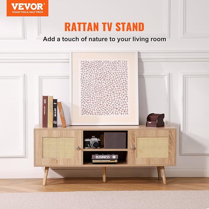 VEVOR Rattan TV Stand, Boho TV Cabinet for 55 inch TV, Mid Century Modern TV Stand, Rattan TV Console with Adjustable Shelfs for Living Room, Media Room, Oak - LeafyLoom