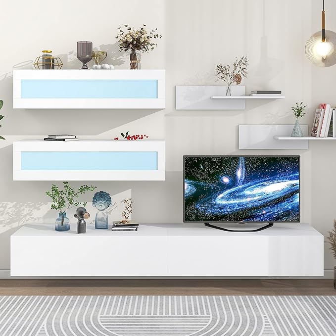 NicBex Wall Mount Floating TV Stand for 95+ Inch TV LED Entertainment Center Media Storage Console Table with 4 Media Storage Cabinets and 2 Shelves for Living Room,Bedroom, 95 Inch,White - LeafyLoom