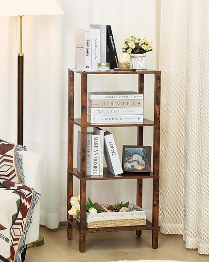 4 Tier Tall Wooden Bookshelf with Storage, Narrow Bookcase for Small Space, Small Book Shelf for Living Room, Office, Bedroom, Kitchen, Industrial, Rustic Brown - LeafyLoom