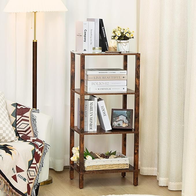 4 Tier Tall Wooden Bookshelf with Storage, Narrow Bookcase for Small Space, Small Book Shelf for Living Room, Office, Bedroom, Kitchen, Industrial, Rustic Brown - LeafyLoom
