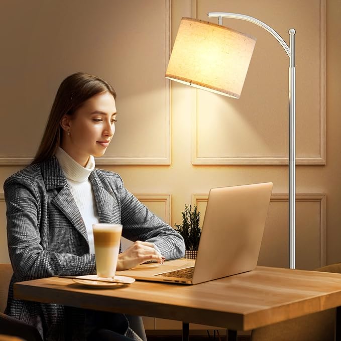 SUNMORY Dimmable Floor Lamp with Remote Control，Lamp for Living Room Stepless Color Temperature and Brightness, Standing Lamp for Bedroom and Office with 1H Timer，Nickel Floor Lamp with Linen Shade - LeafyLoom