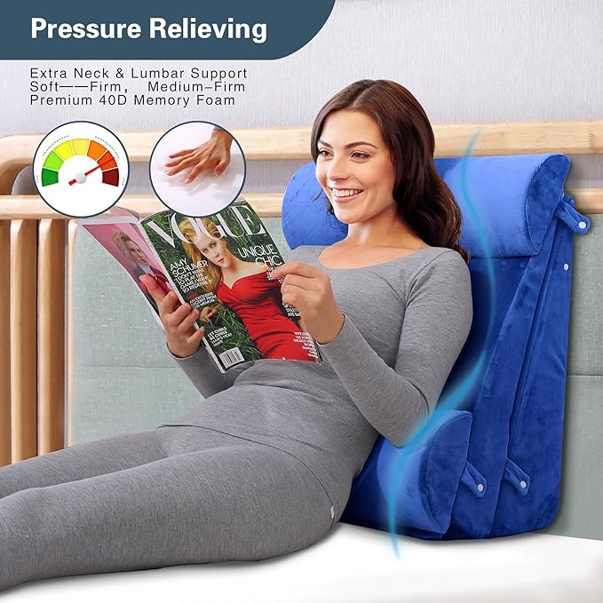 Bed Wedge Pillow Set 4Pcs for Sleeping,Elevation,Assist in Post Surgery Recovery,Acid Reflux,GERD,Snoring,Full Meory Foam,Washable Velvet Cover Roya Blue - LeafyLoom