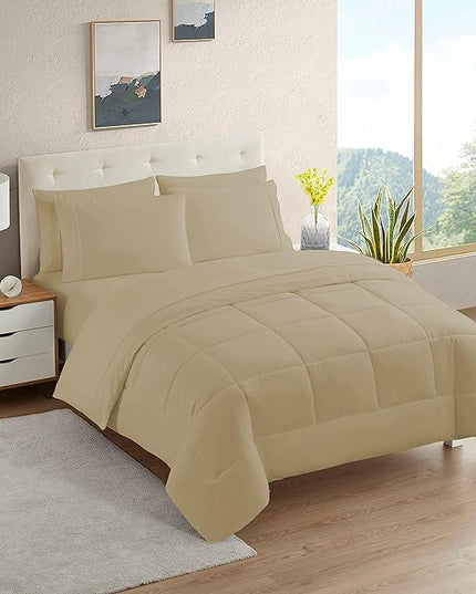 Dorm Room Essentials College Bedding Comforter Set 5 Piece Twin Size Bed in a Bag for College Students Boys and Girls, Twin, Taupe - LeafyLoom