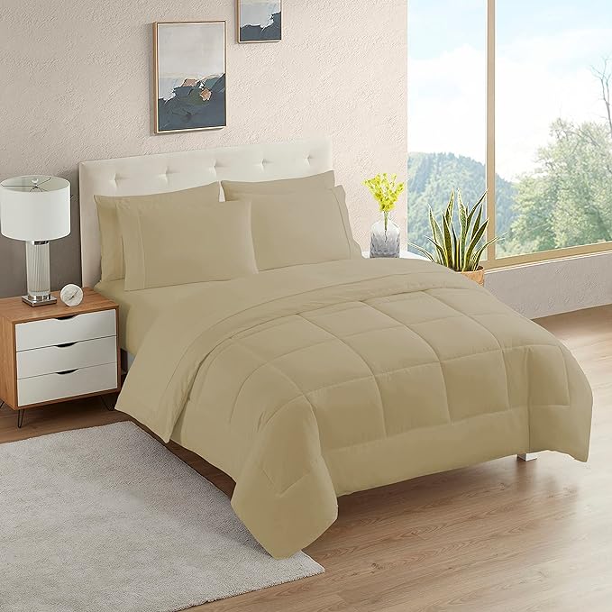 Dorm Room Essentials College Bedding Comforter Set 5 Piece Twin Size Bed in a Bag for College Students Boys and Girls, Twin, Taupe - LeafyLoom