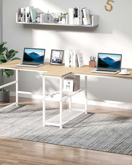 HOMCOM 83" Two Person Computer Desk with 2 Storage Shelves, Double Desk Workstation with Book Shelf, Long Desk Table for Home Office, Natural - LeafyLoom