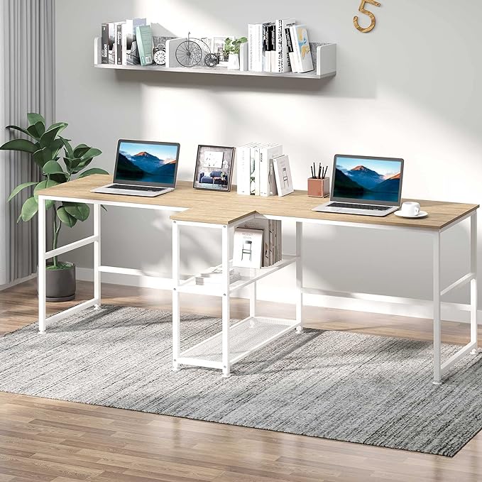 HOMCOM 83" Two Person Computer Desk with 2 Storage Shelves, Double Desk Workstation with Book Shelf, Long Desk Table for Home Office, Natural - LeafyLoom
